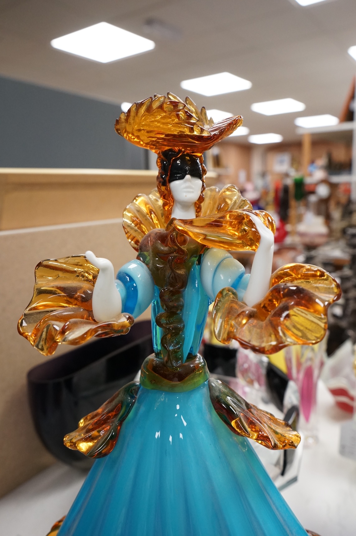 A large Murano coloured glass 'Masquerade' figure H49 and a similar female dancer H43, female signed G Toffolo, 46cm
